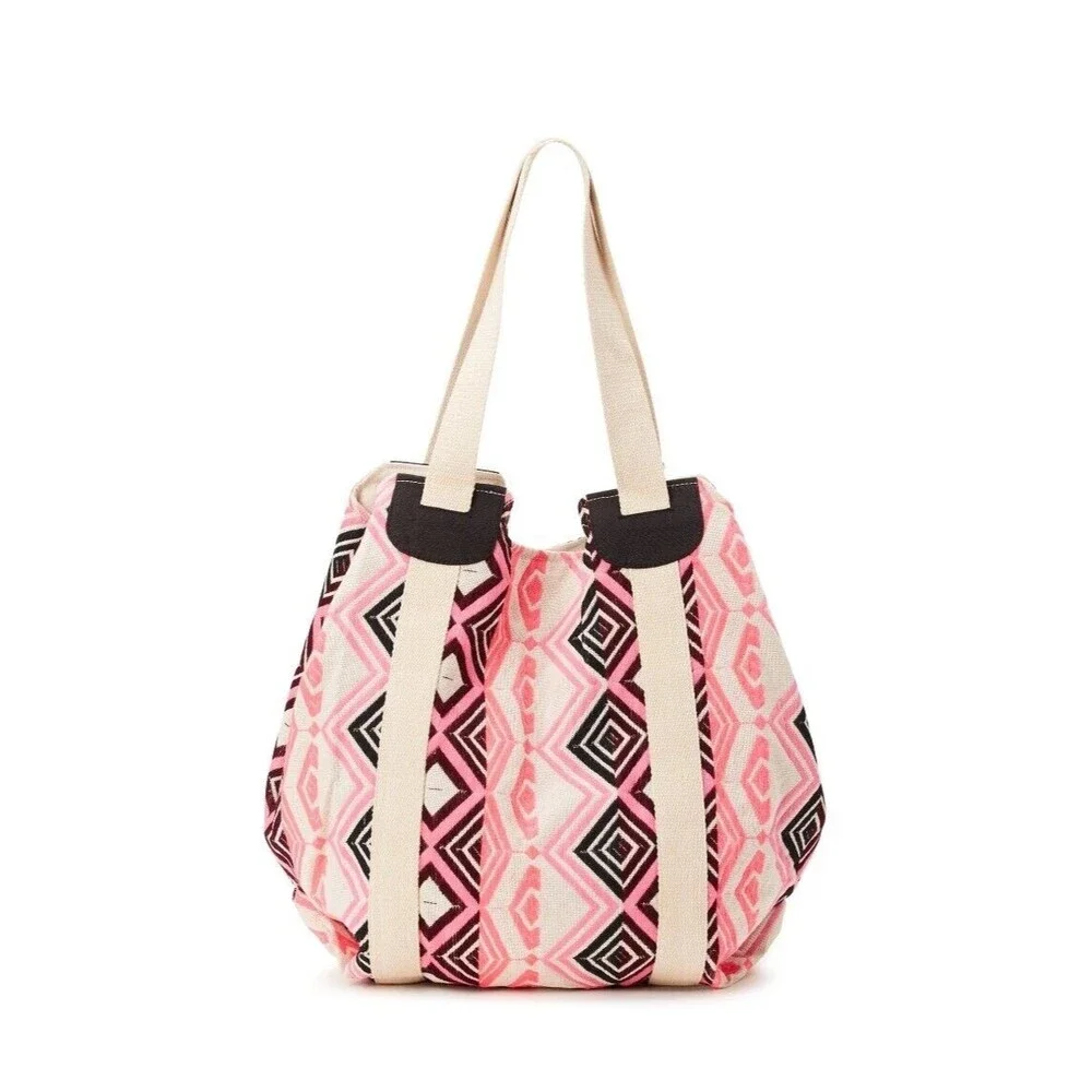 Woven Boho Beach Tote Handbag w/ Tassel Large 19x19" Pink Cream No Boundaries - Picture 3 of 4